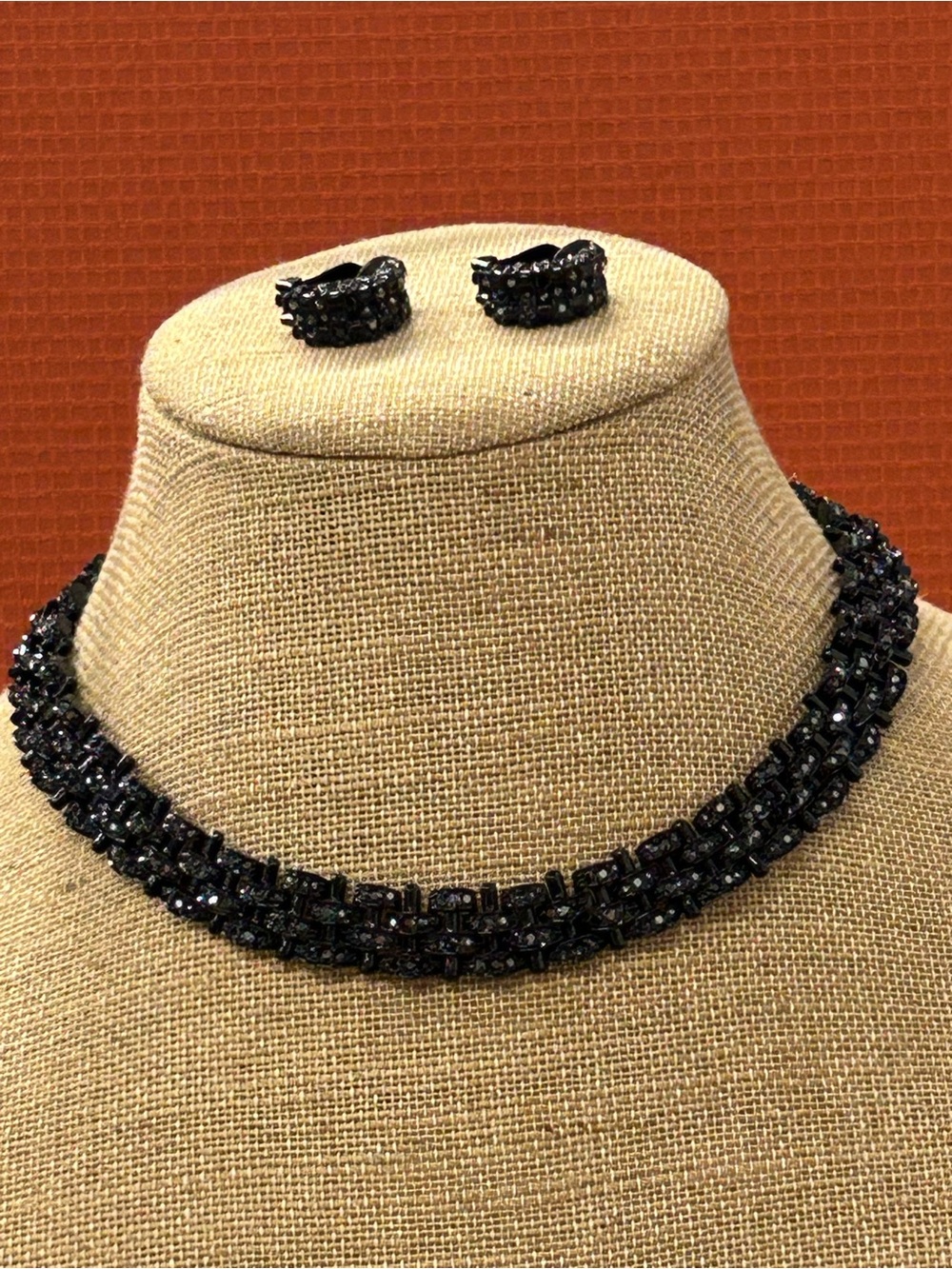 St. John vintage Black Crystal Beaded Choker Necklace with Matching Earrings